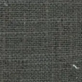 Charcoal gray woven fabric sample with a dense, heathered texture and small square yarn intersections, featuring handwritten labels.